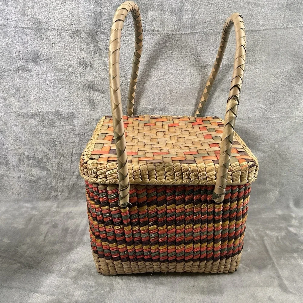 Mexican Square Basket W/‎ Handles & Lid, Colorful Woven Straw Boho Picnic Beach